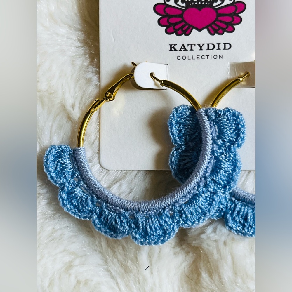 KATYDID blue crocheted earrings NEW - Picture 2 of 2